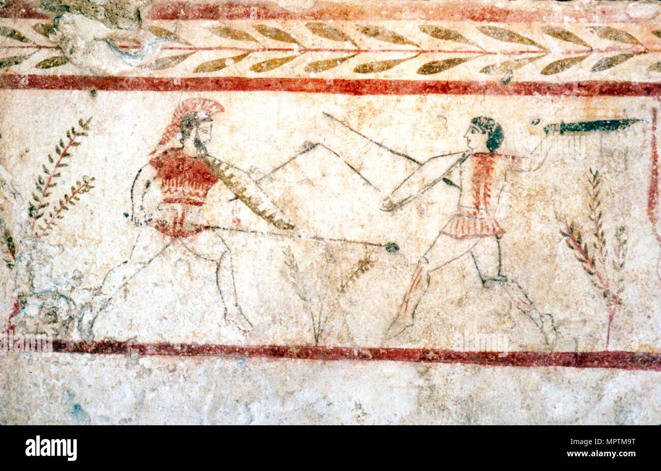 Männer, die mit Speeren, Paestum, c 4. vorchristlichen Jahrhundert. Artist: Unbekannt. Stockfoto
