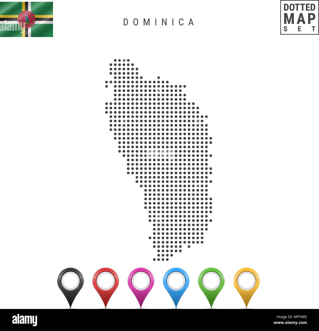 Vektor gepunktete Karte von Dominica. Einfache Silhouette von Dominica. Nationalflagge von Dominica. Eingestellt von bunten Karte Markierungen Stock Vektor