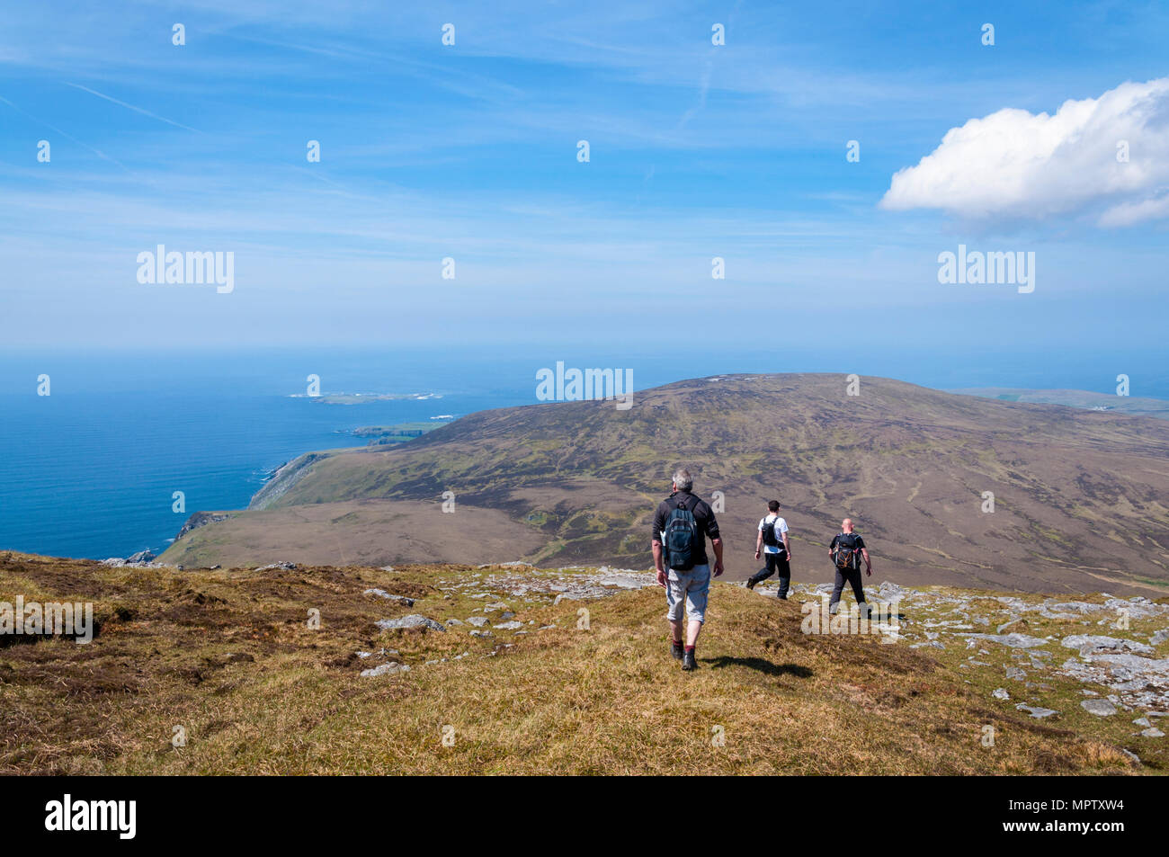 Wanderer auf Sliabh Liag, Slieve League oder Slieve Liag, ein Berg auf der atlantischen Küste der Grafschaft Donegal, Irland. Stockfoto