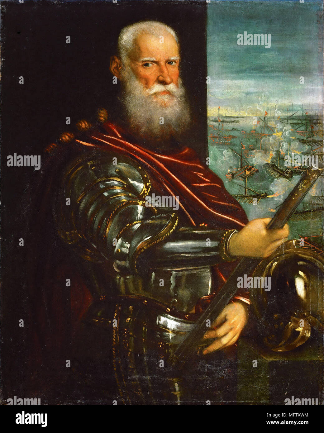 Sebastiano Venier (1496-1578), in der Schlacht von Lepanto im Hintergrund. Stockfoto