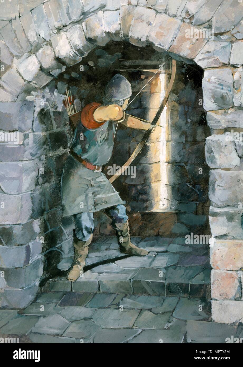 Mittelalterliche Bogenschützen Feuern durch einen Pfeil Schlitz an Beeston Castle, Cheshire. Artist: Ivan Lapper. Stockfoto