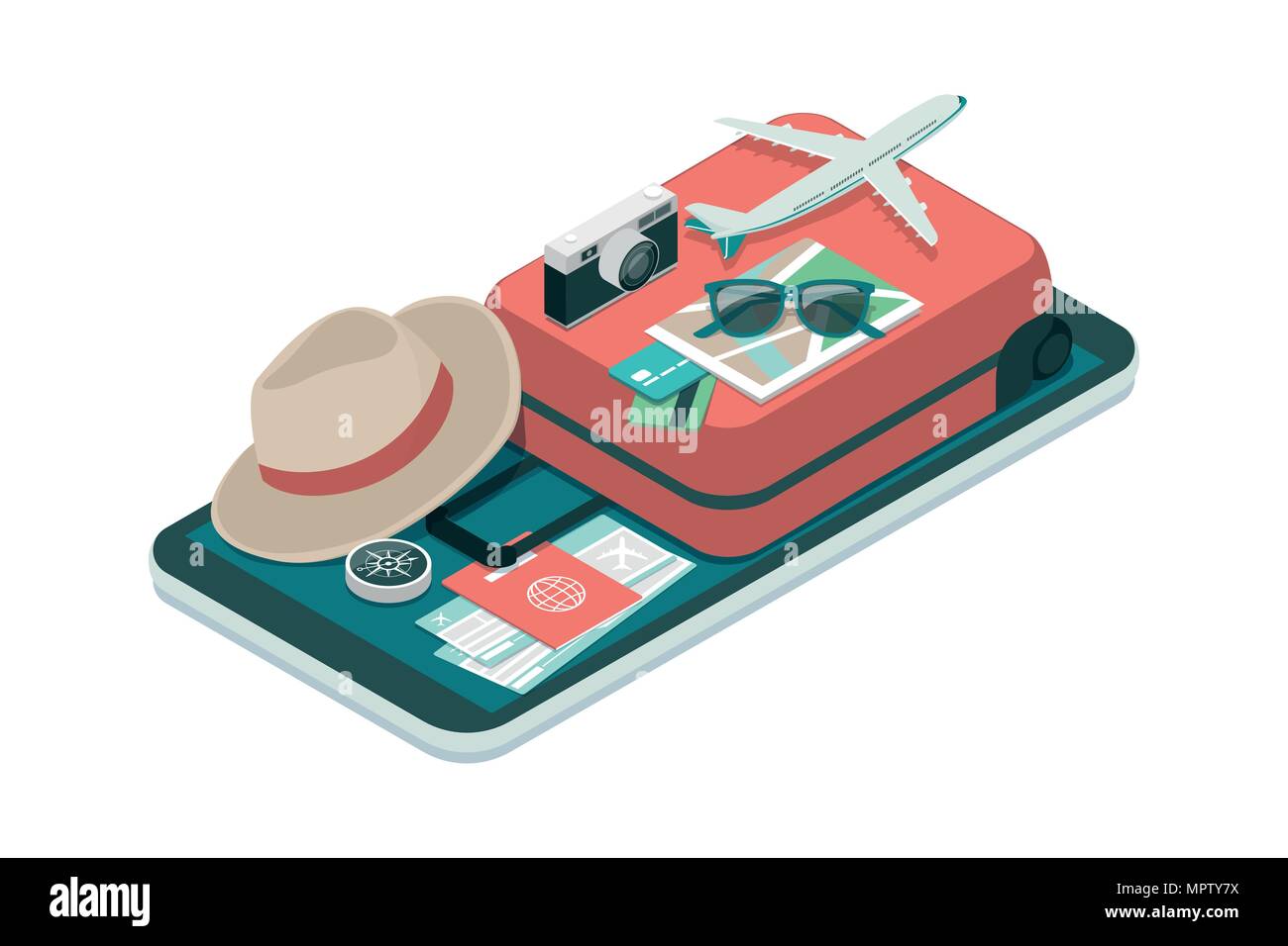 Reisen, Tourismus und Buchung App: Travel Ausrüstung und Gepäck auf einem mobilen Touchscreen smartphone Stock Vektor