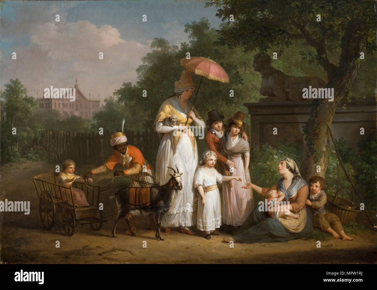 Einer adeligen Familie Almosen verteilen, in einem Park, 1793. Stockfoto