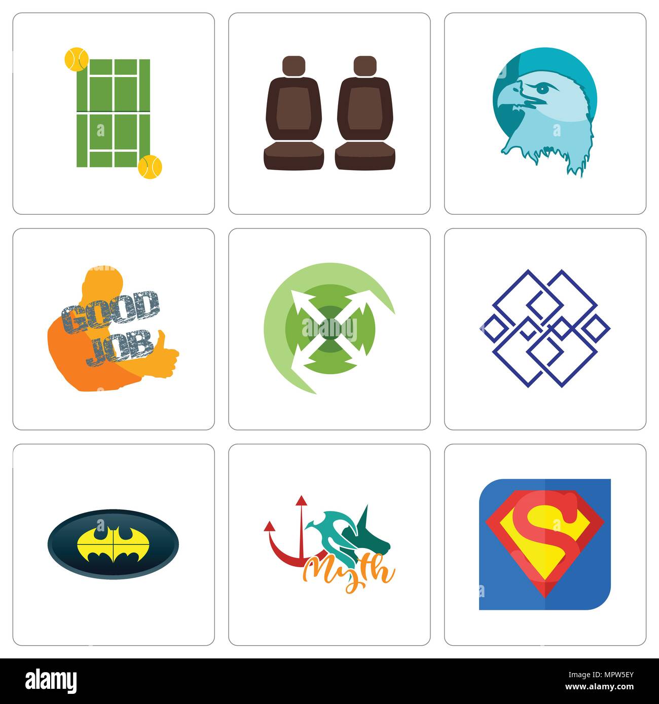 Satz von 9 einfache editierbare Symbole wie s, Mythos, bat, Generic, Erweitern, guter Job, eagle Head, Autositz, Tennisplatz, können für mobile, Web verwendet werden. Stock Vektor
