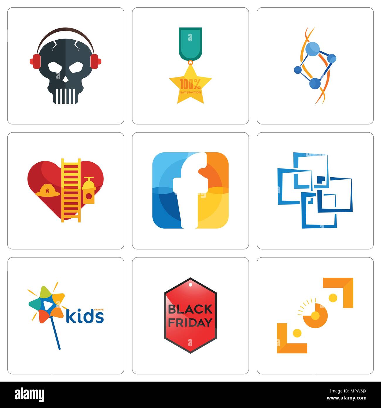 Satz von 9 einfache editierbare Ikonen wie Sucher, schwarzer Freitag, Kinder Kanal, blockchain, f, freiwillige Feuerwehr, Pathologie, 100% Kundenzufriedenheit, Stock Vektor