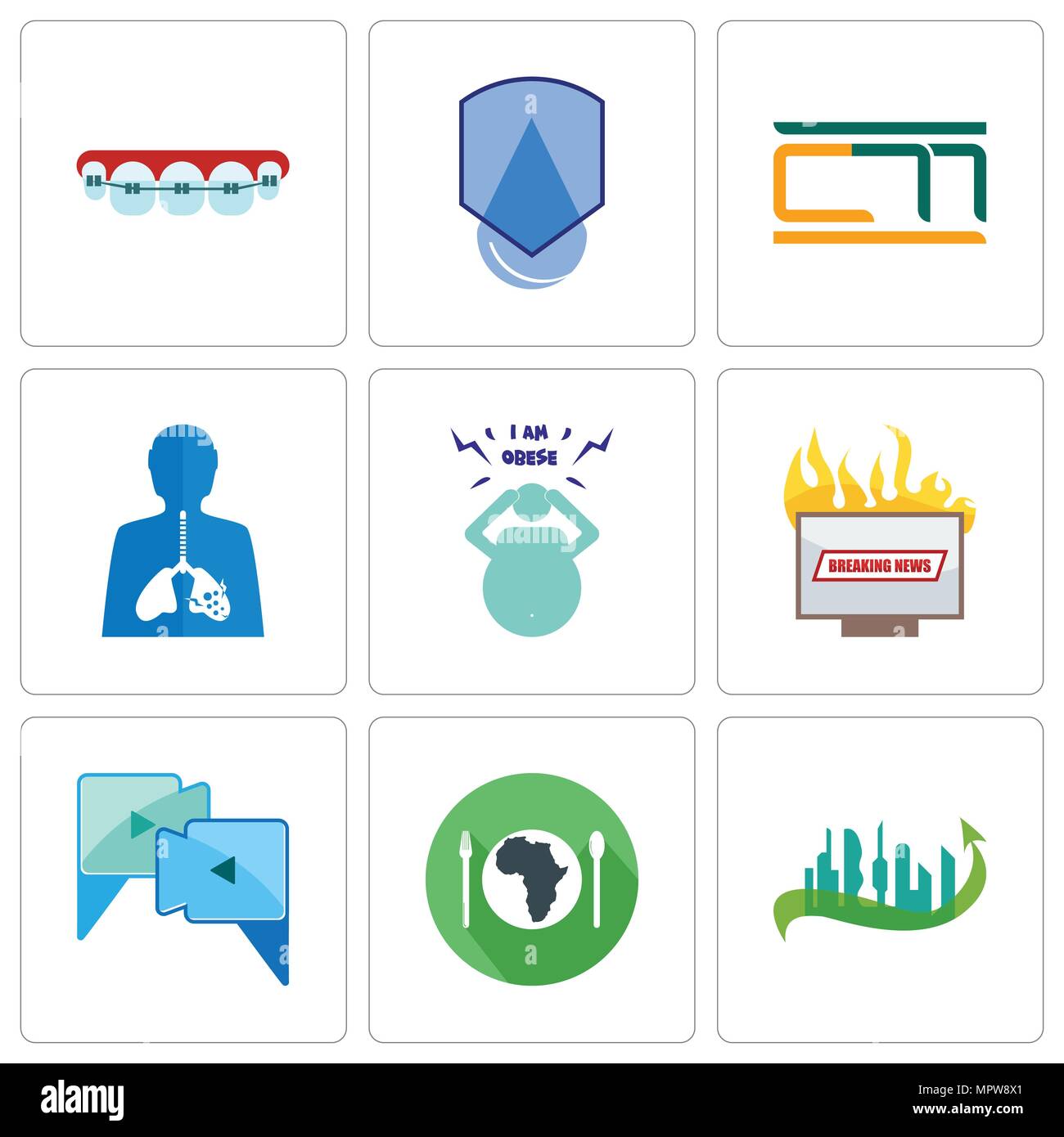 Satz von 9 einfache editierbare Ikonen wie Stadt der Zukunft, Hunger, Videokonferenz, Nachrichten, Fettleibigkeit, Entzündung, wasserdicht, Kieferorthopäde, Fo. Stock Vektor