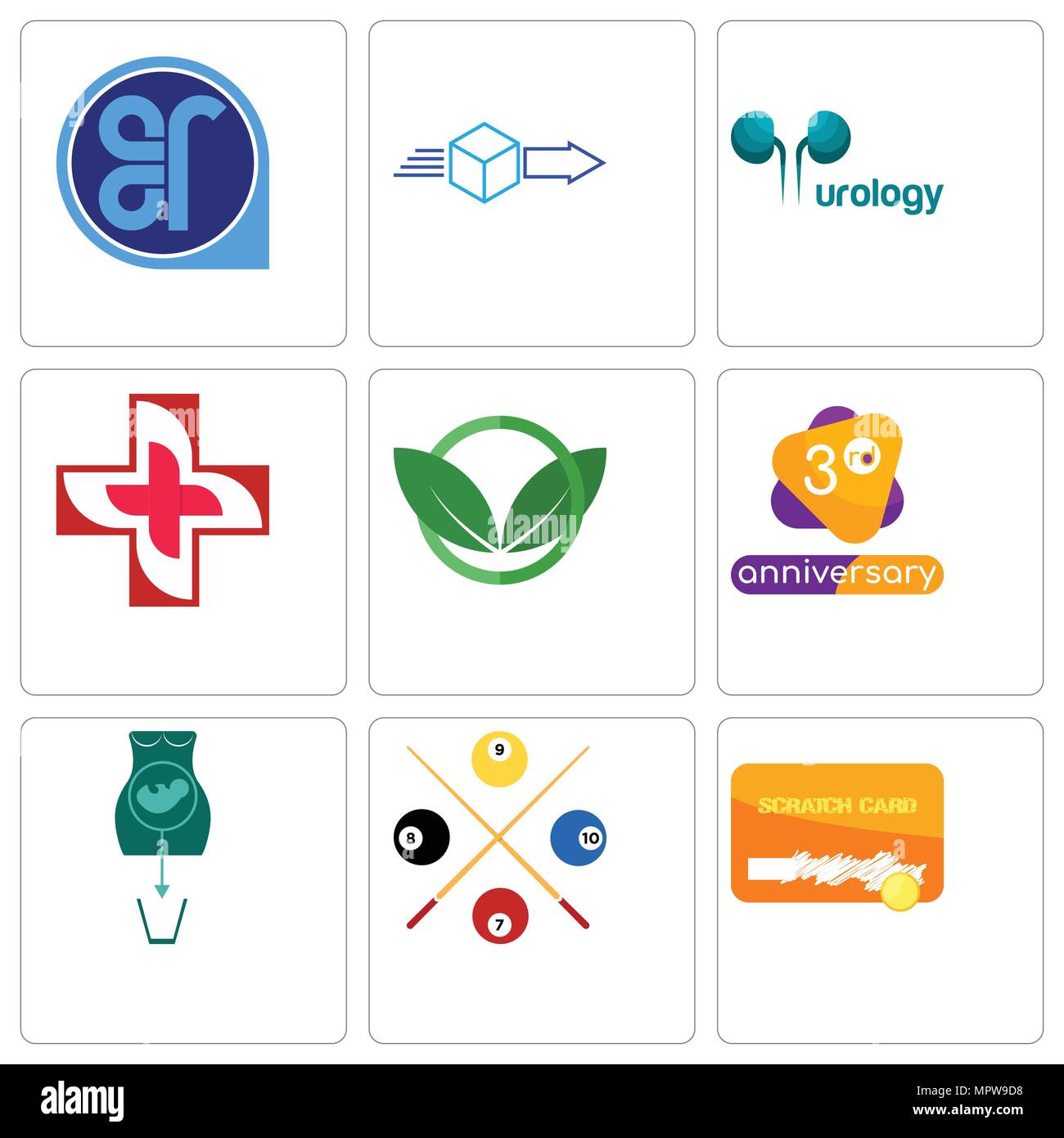 Satz von 9 einfache editierbare Ikonen wie Scratch Card, Snooker, Abtreibung, 3-jährigen Jubiläum, eco-Club, Bild von Kreuz, Urologie, Versand, äh, kann verwendet werden Stock Vektor