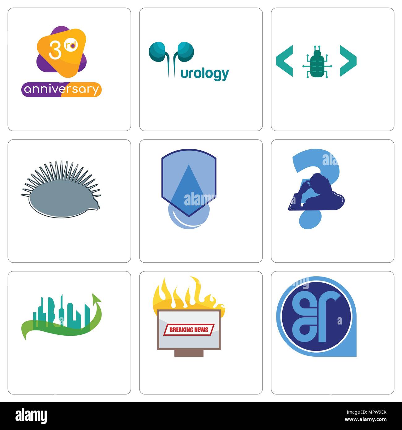 Satz von 9 einfache editierbare Ikonen wie er, Nachrichten, Stadt der Zukunft, kratzen Kopf, wasserdicht, Igel, Softwarefehler, Urologie, 3-jährigen Jubiläum, Stock Vektor