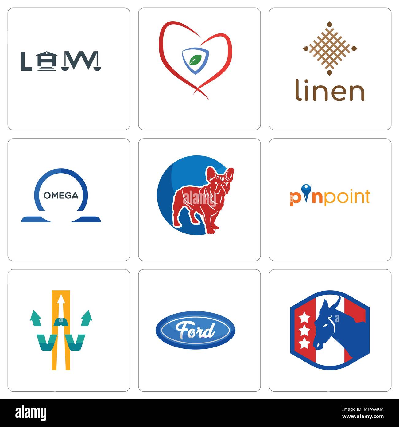 Satz von 9 einfache editierbare Ikonen wie demokratische Partei, f, w, mit Pfeil, Lokalisieren, Französische Bulldogge, Omega, Bettwäsche, Versicherung, Recht, können für Mobi verwendet werden. Stock Vektor