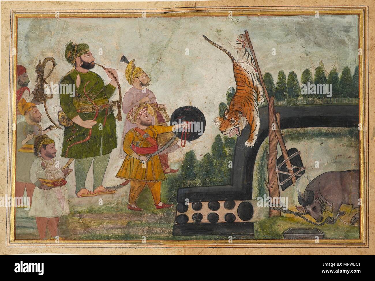 Rawat Gokul Das prüft ein Gefangener Tiger, 1810-1815. Artist: CHOKHA. Stockfoto