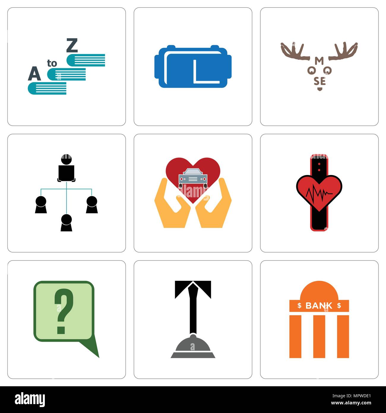 Satz von 9 einfache editierbare Ikonen wie Bankfilialen, Concierge, Anfrage, Tracker, Auto Händler, Verteiler, Elche, VR-Headset, Wortschatz, kann verwendet werden, um f Stock Vektor