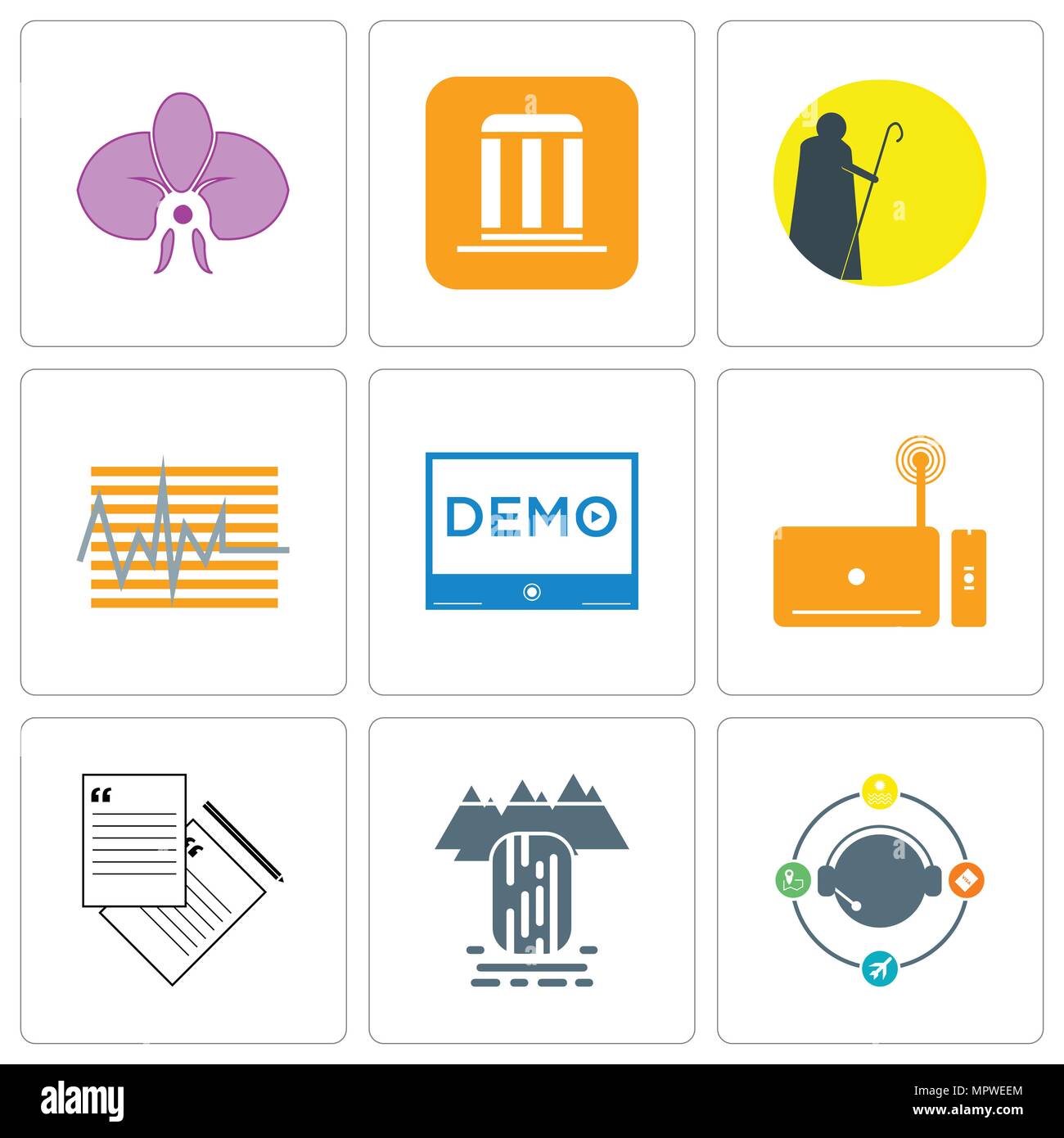 Satz von 9 einfache editierbare Ikonen wie Reisebüro, Wasserfall, ein Angebot anfordern, Set Top Box, Demo, Tracker, Hirte, Gemeinde, Orchidee, können uns Stock Vektor