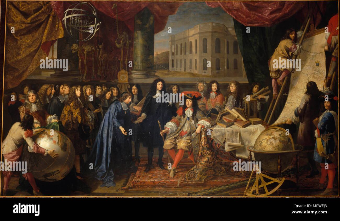 Colbert präsentieren die Mitglieder der Königlichen Akademie der Wissenschaften zu Louis XIV in 1667, C. 1680. Stockfoto