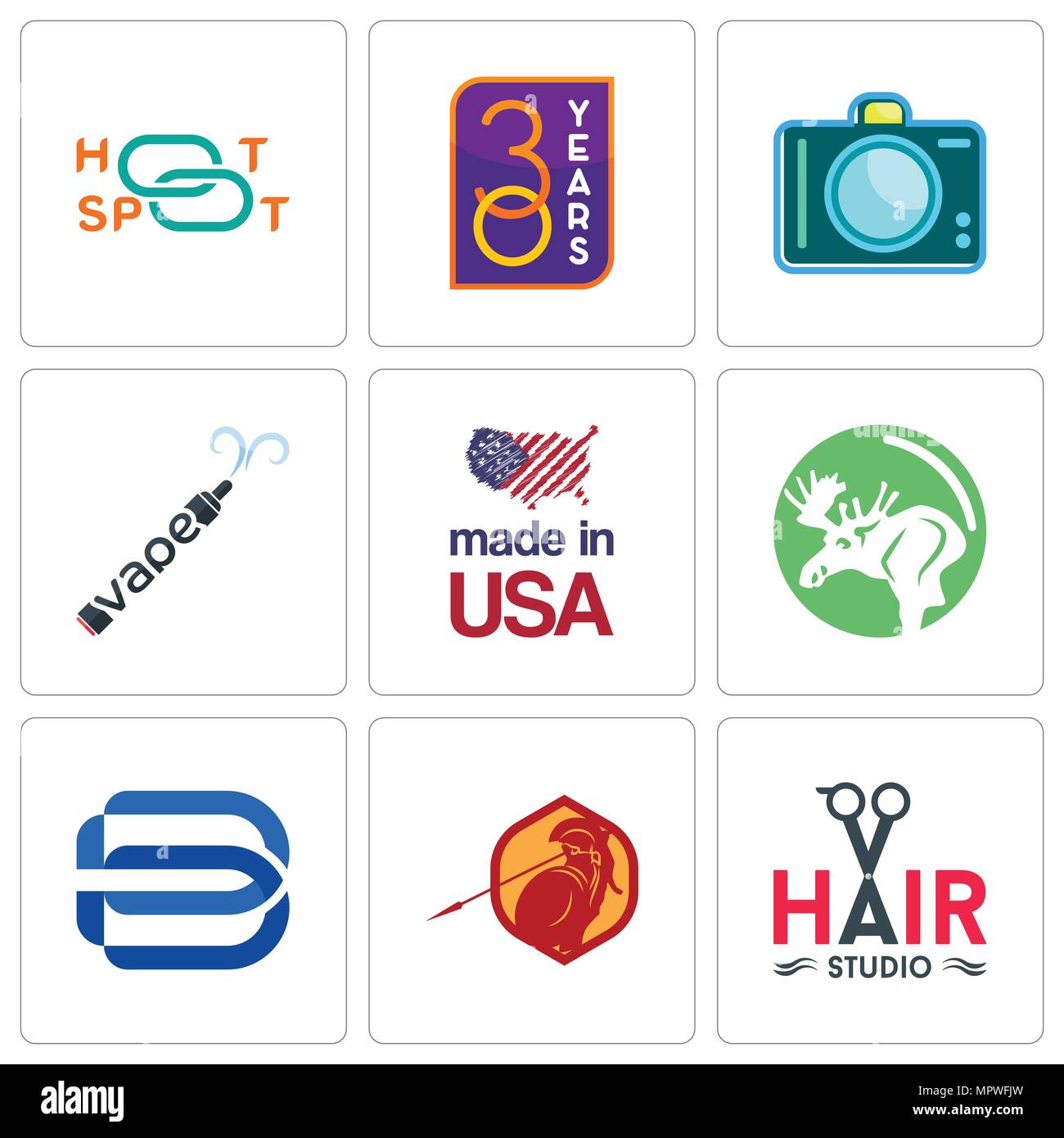 Satz von 9 einfache editierbare Ikonen wie Hair Studio, Sparta, minimal b, Elche, in Usa, vape, dslr, 30 Jahr, Hotspot, können für mobile, Web verwendet werden. Stock Vektor