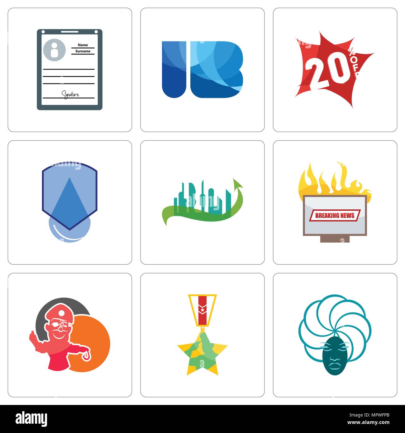 Satz von 9 einfache editierbare Ikonen wie Göttin, Veteran, pirate Maskottchen, Nachrichten, Stadt der Zukunft, wasserdicht, 20% Rabatt, Ib, personenbezogenen Daten, werden kann Stock Vektor