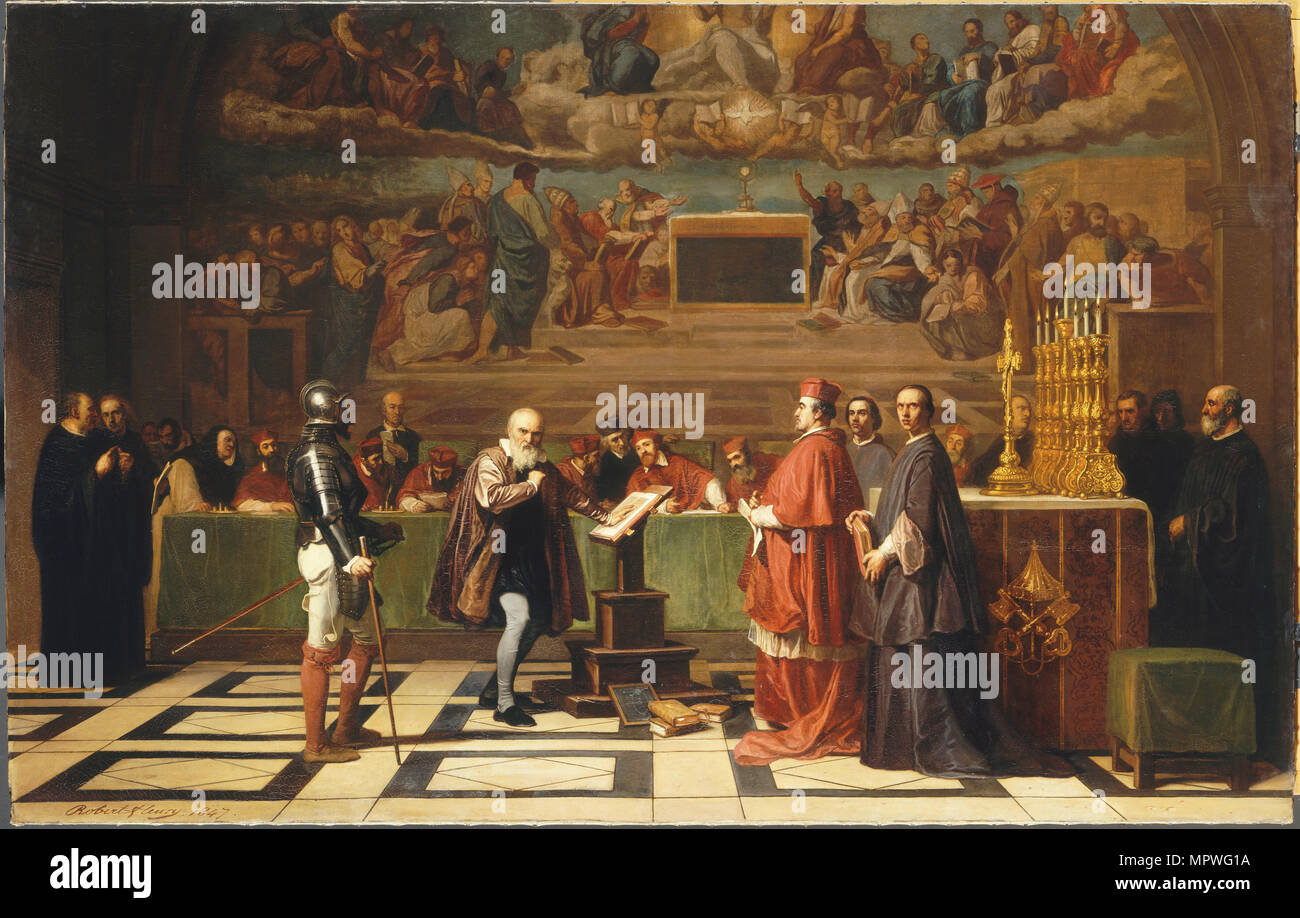 Galileo Galilei (1564-1642) vor den Mitgliedern des Heiligen Amt im Vatikan 1633, 1847. Stockfoto