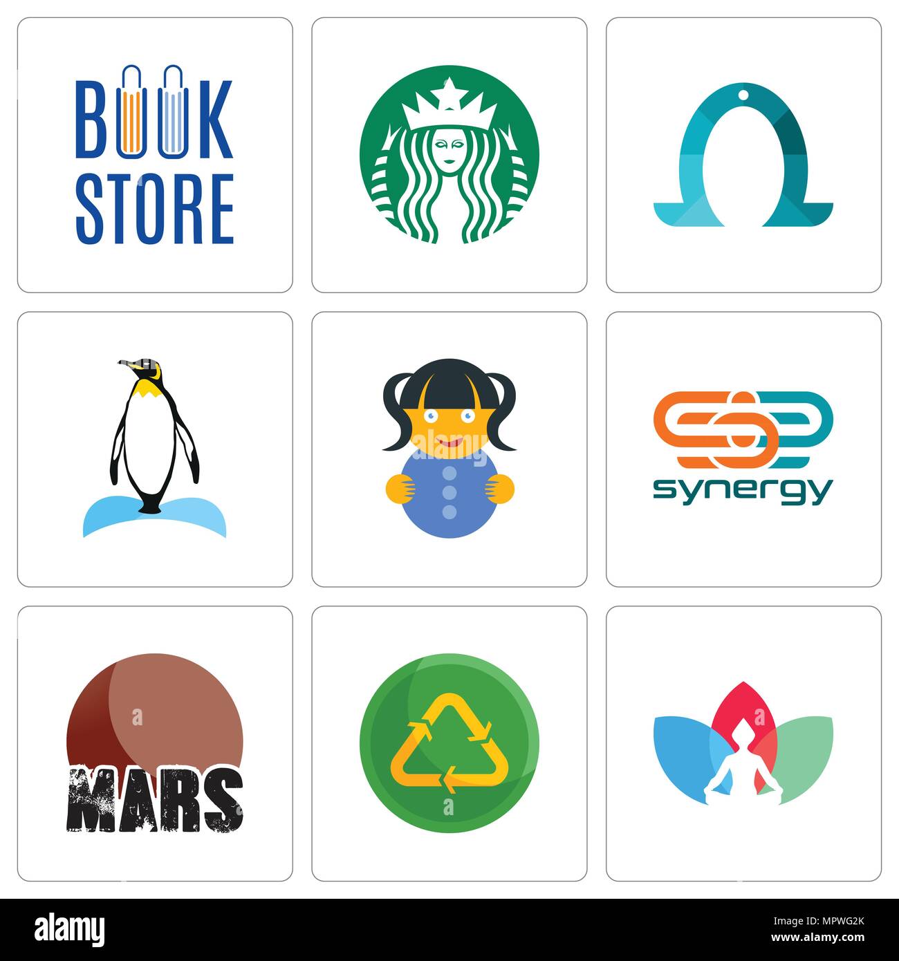 Satz von 9 einfache editierbare Ikonen wie Chakra, Recycling Wiederverwendung uce, Mars, Synergy, Puppe, Penguin, Hufeisen, Starbucks, Book Store, können für Mobi verwendet werden. Stock Vektor