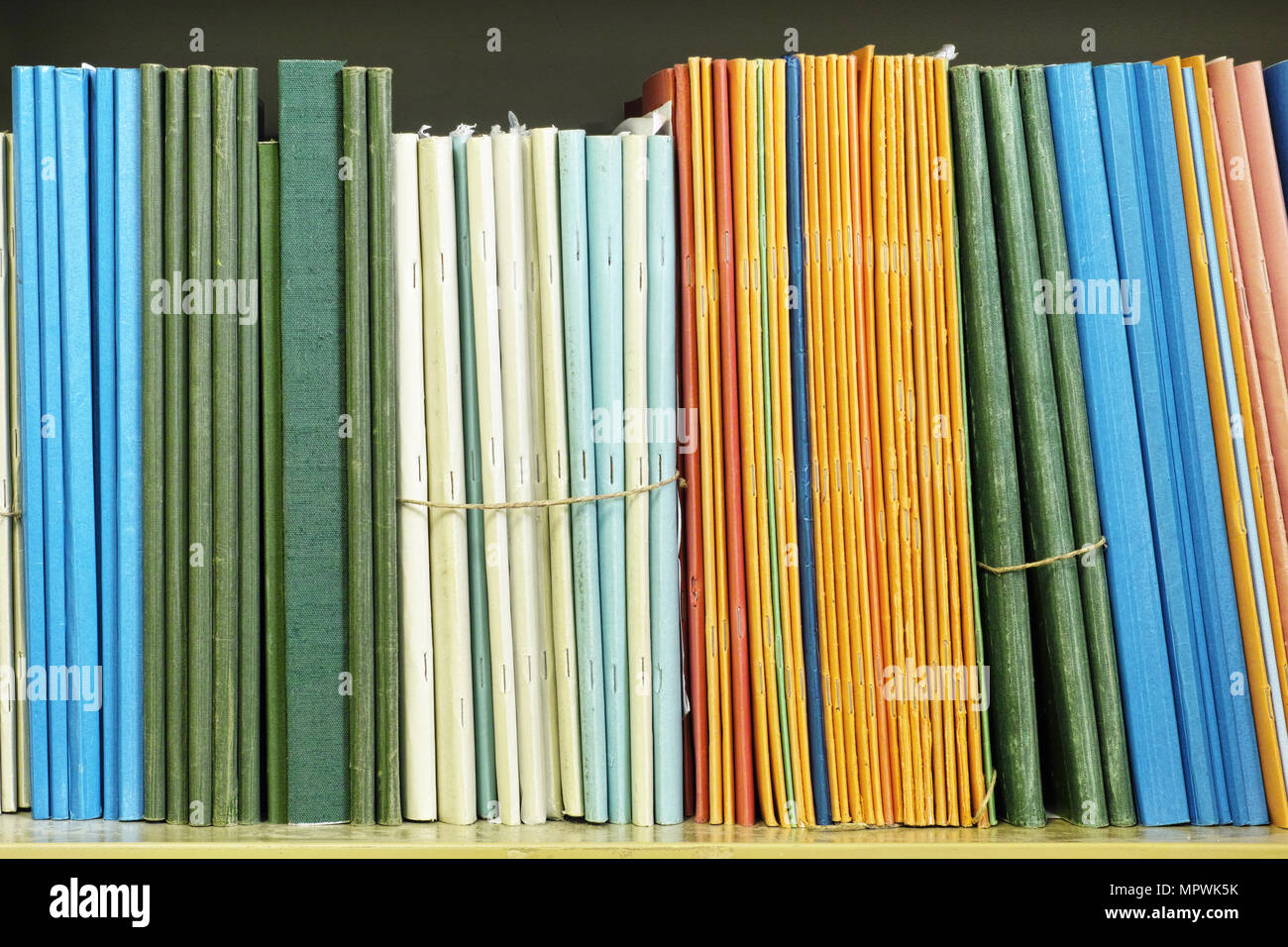 Dokumente, die auf dem Regal von einem Bücherregal ausgerichtet Stockfoto
