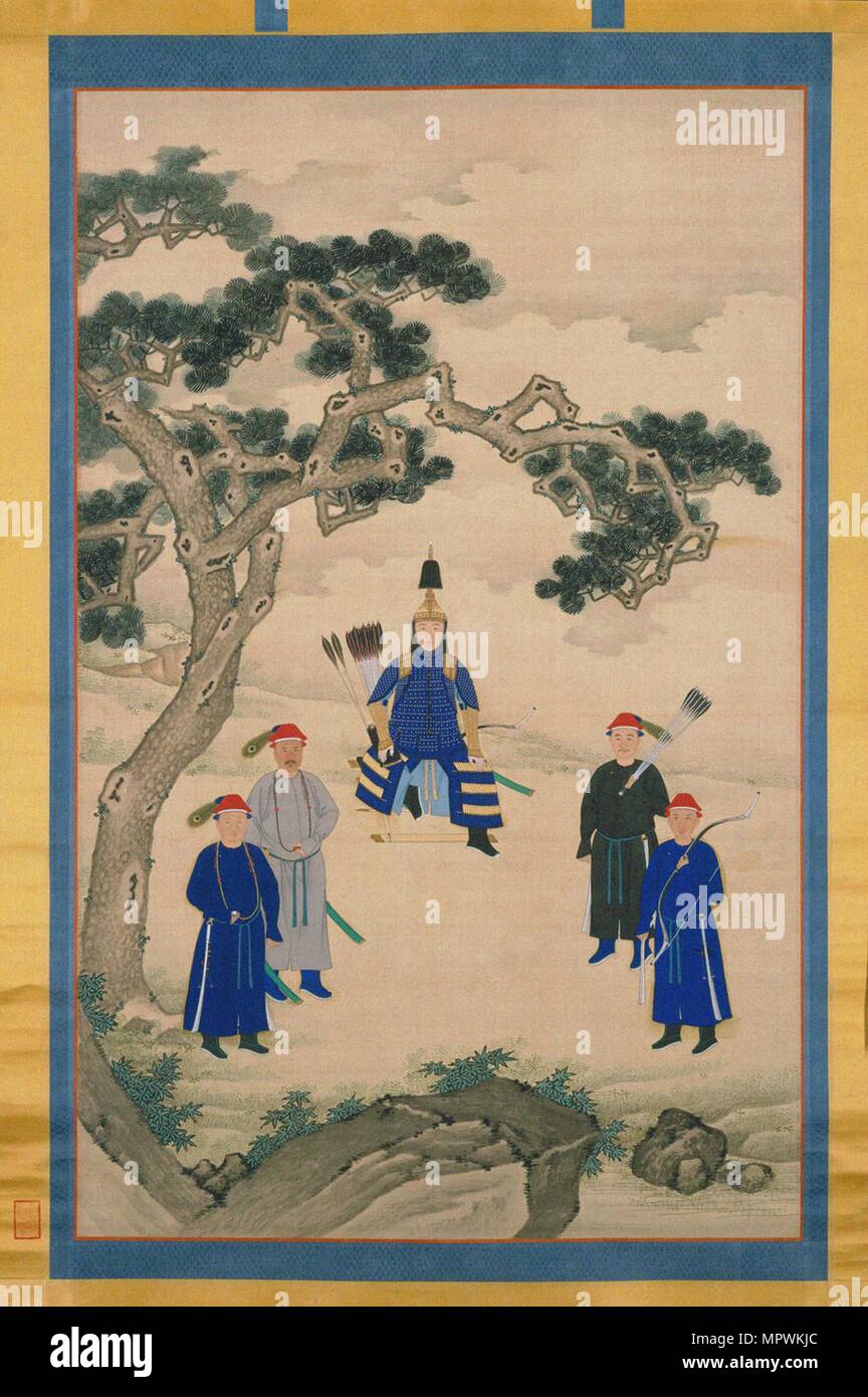 Der Kaiser Kangxi in kriegerischen Kleidung. Hängerolle, zweite Hälfte des 17. Cen.. Stockfoto