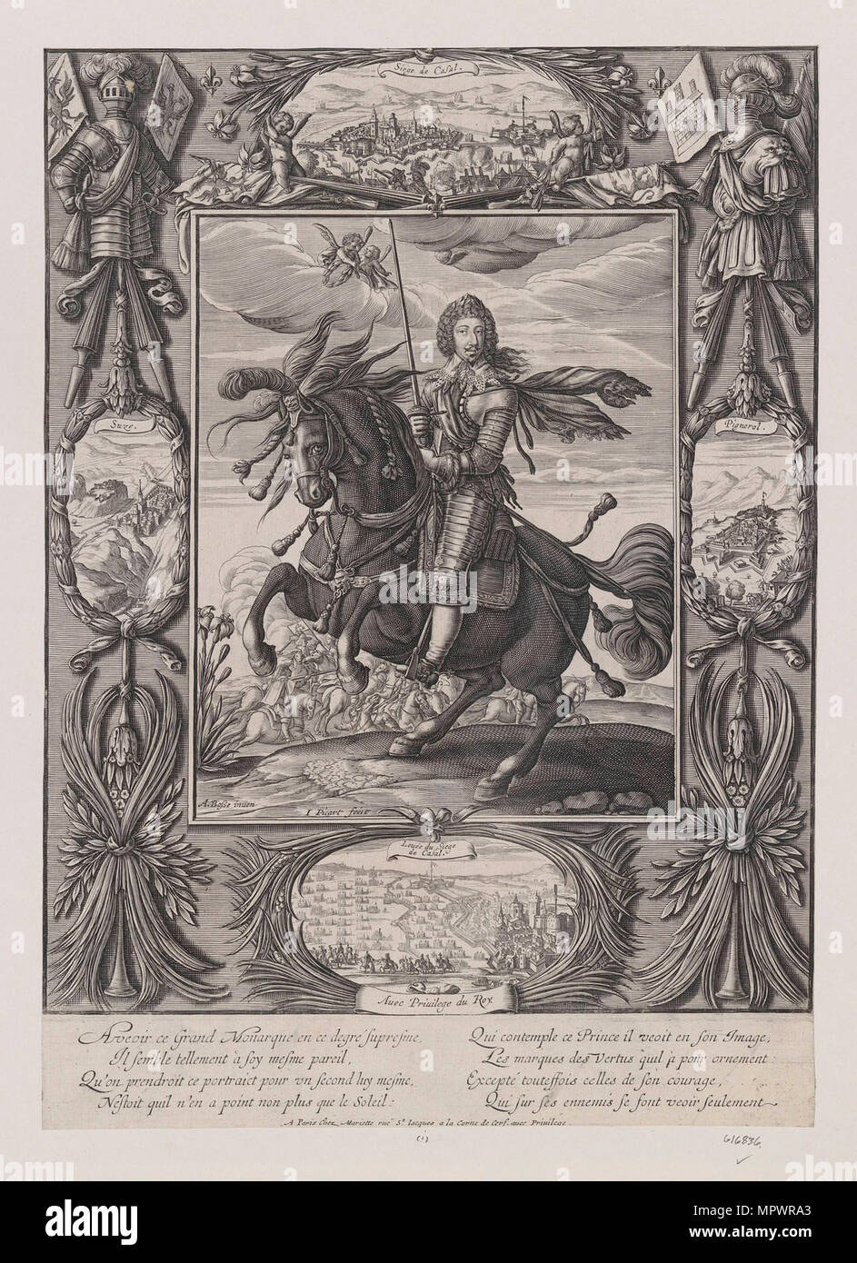 Louis XIII zu Pferd mit Blick auf die belagerte Städte und Festungen, c 1630. Stockfoto