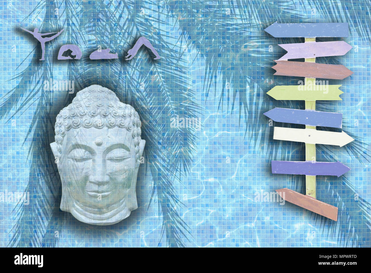 Yoga Hintergrund Design mit acht Pfeile kopieren Speicherplatz auf Palmen und Pool Mosaik Textur Stockfoto