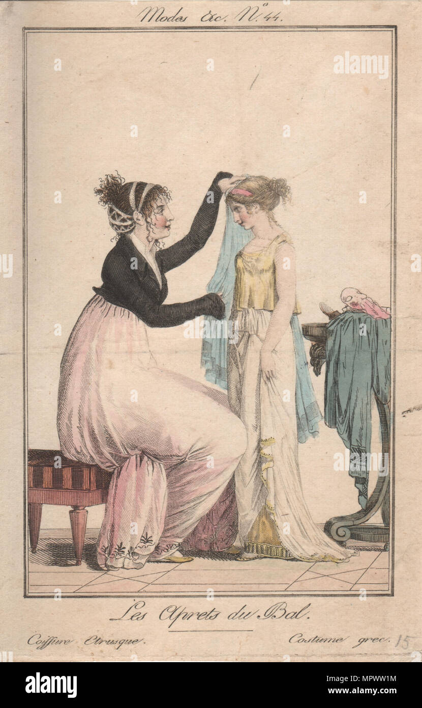 Die Vorbereitungen für den Ball: Etruskische Frisur, griechische Kostüm, 1801. Stockfoto