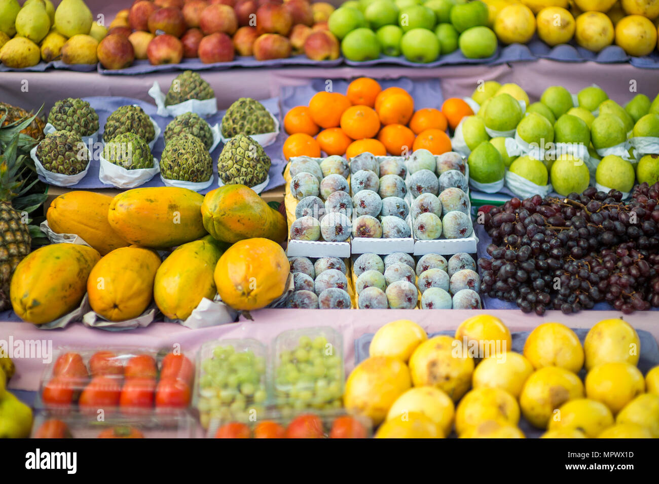 Tropische Früchte fein säuberlich auf ein auf Abschaltdruck in General Osorio Plaza in Ipanema angeordnet. Stockfoto