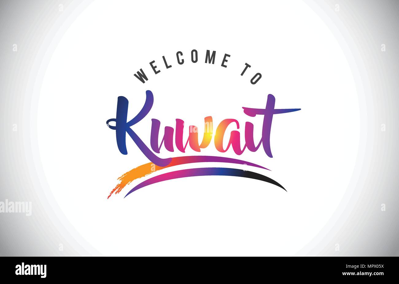 Kuwait Willkommen auf Nachricht in Lila dynamischen und modernen Farben Vector Illustration. Stock Vektor
