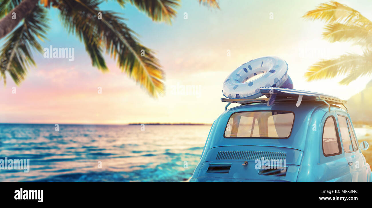 Start Sommer Urlaub mit einem alten Auto am Strand. 3D-Rendering Stockfoto