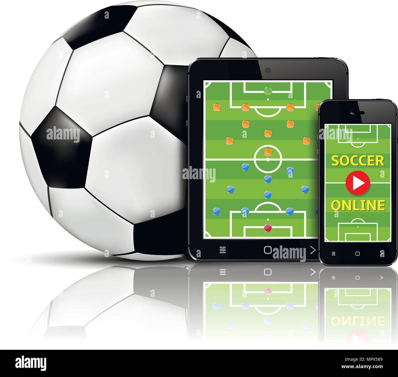 Live Fußball online auf Handy und Tablet mit Teambildung. Vector Illustration. Stock Vektor