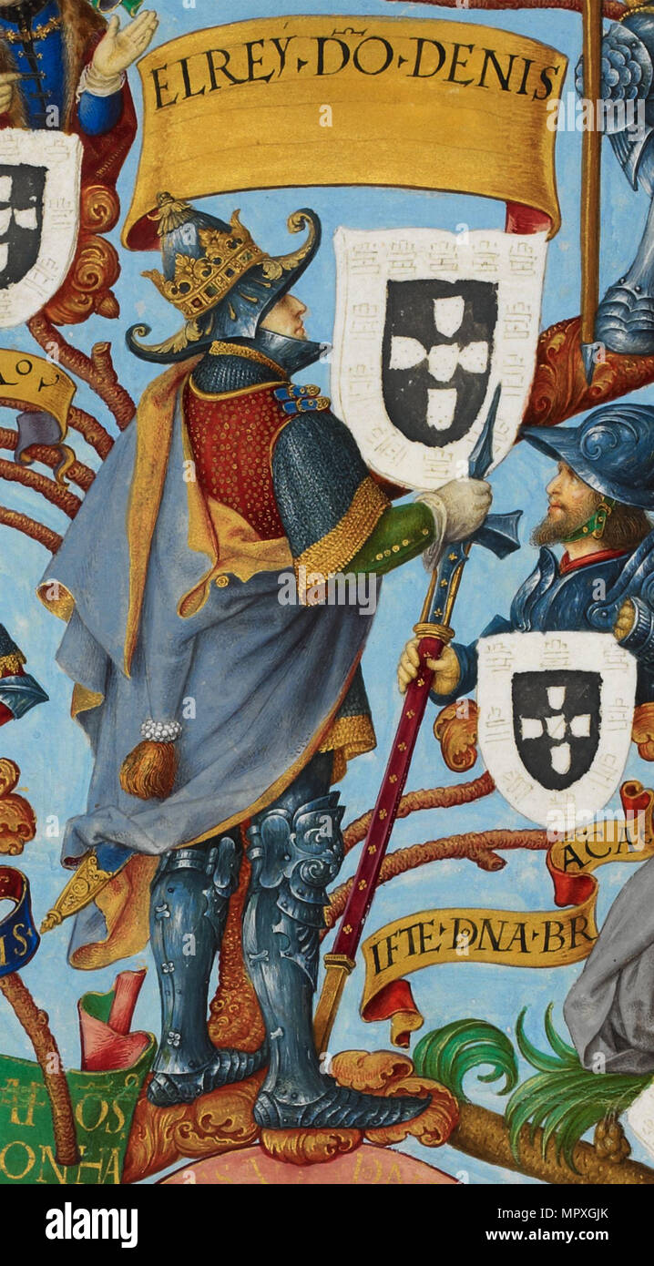 Ich Denis König von Portugal (1261-1325) aus Genealogia dos Reis de Portugal, ca 1530. Stockfoto