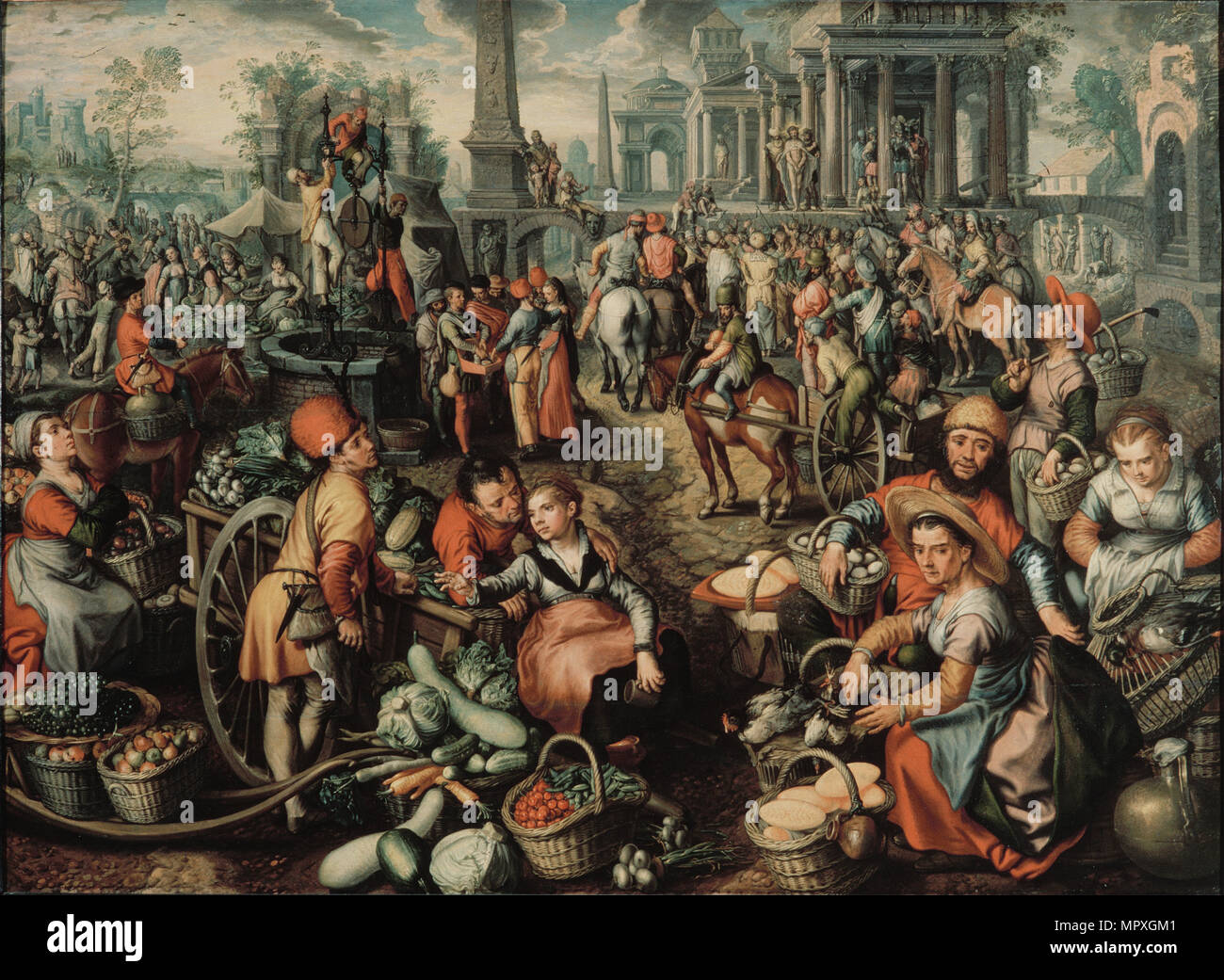 Markt Szene mit Ecce Homo, die Geißelung und das Tragen des Kreuzes, 1561. Stockfoto