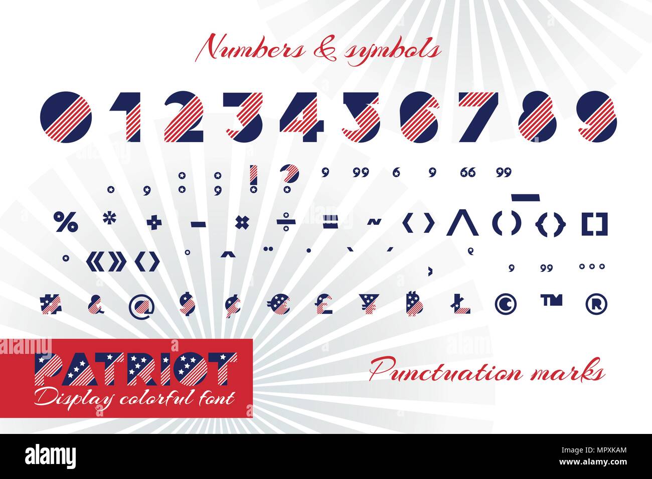 Alphabet für Feier Design 4. Juli im Vintage Style auf weißem Hintergrund mit Text. Stock Vektor