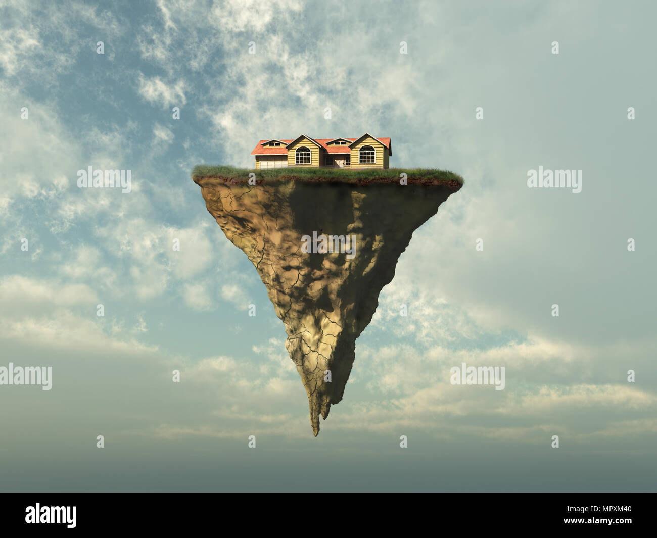 Haus auf einem Stück Land im Himmel schweben Stockfoto