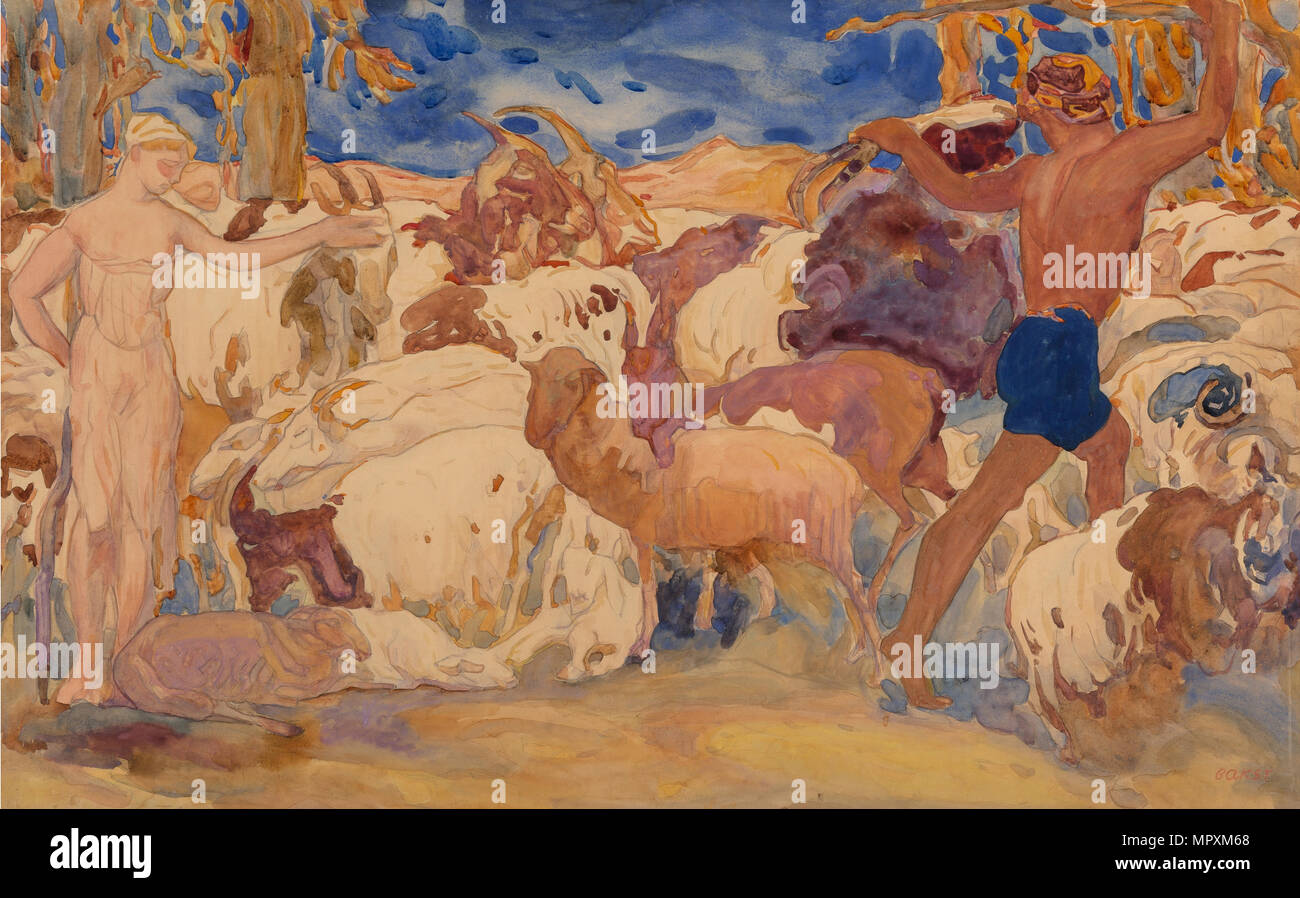 Bühnenbild für das Ballett Daphnis et Chloé von M.Ravel (Théâtre du Châtelet, Paris), 1912. Stockfoto