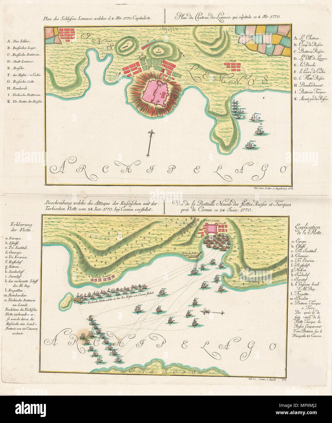 Die Seeschlacht von Chesma. Die Seeschlacht von Lemnos. 1770, 1771. Stockfoto