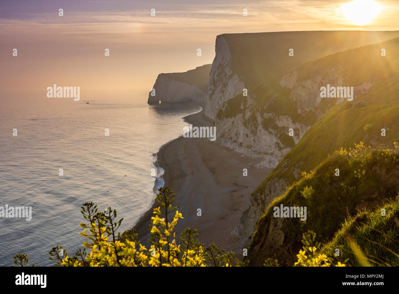Golden Sunset über die Jurassic Coast mit Blick auf die weißen Klippen von Fledermäusen den Kopf, UNESCO Weltnaturerbe, Dorset, England, Großbritannien Stockfoto