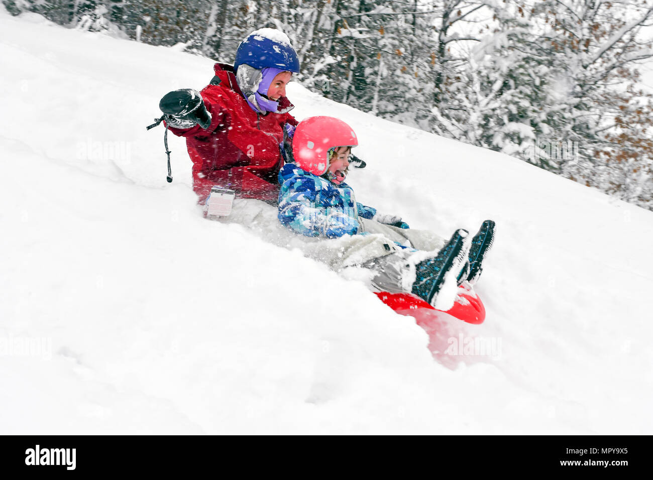 Mutter mit Tochter rodeln auf Schnee im Wald bedeckt Stockfoto