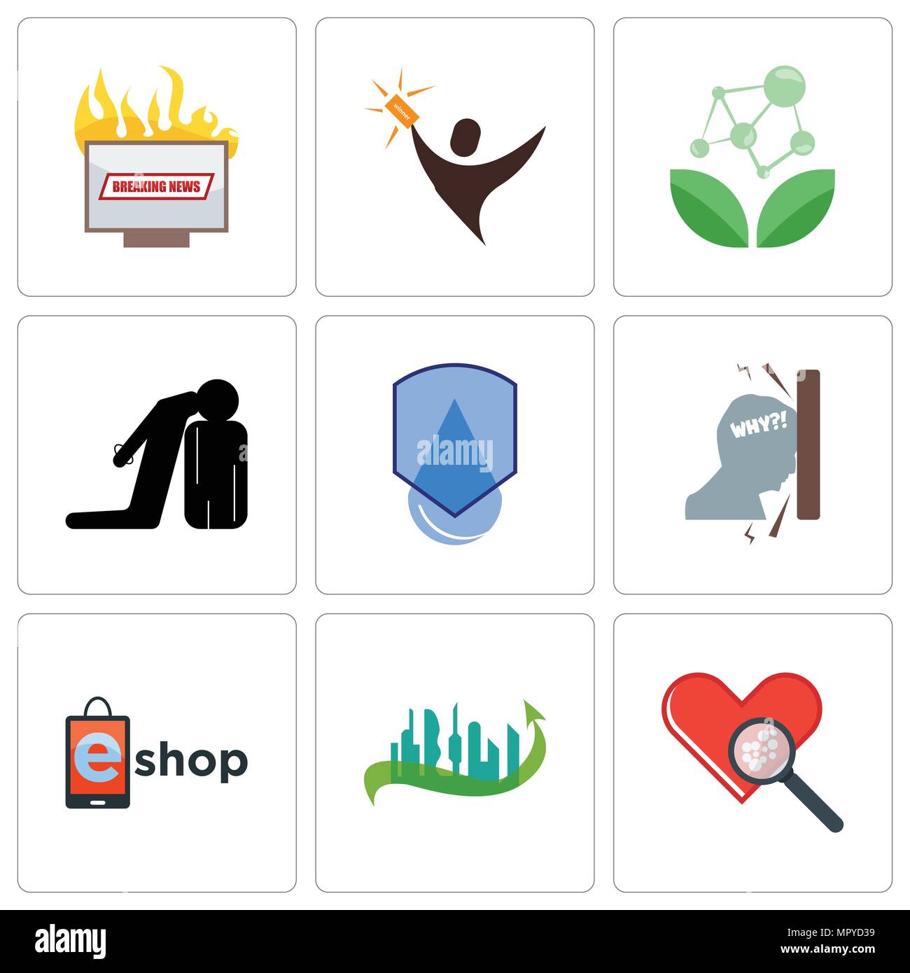 Satz von 9 einfache editierbare Symbole wie Cholesterin, Stadt der Zukunft, eshop, Frustration, wasserdicht, Ausführung, Antioxidans, Lucky Draw, breaking News, Ca Stock Vektor