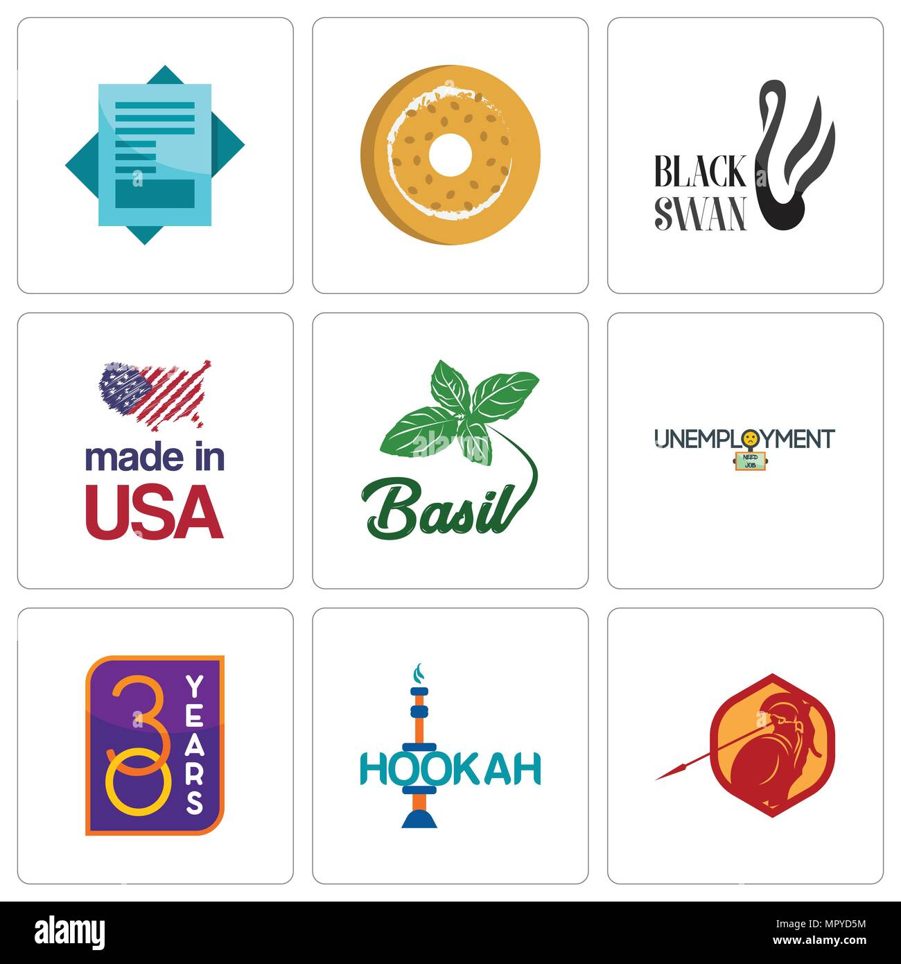 Satz von 9 einfache editierbare Ikonen wie Sparta, Hookah, 30 Jahre, Arbeitslosigkeit, Basilikum, hergestellt in den USA, Black Swan, Bagel, Statement, für mobile verwendet werden. Stock Vektor