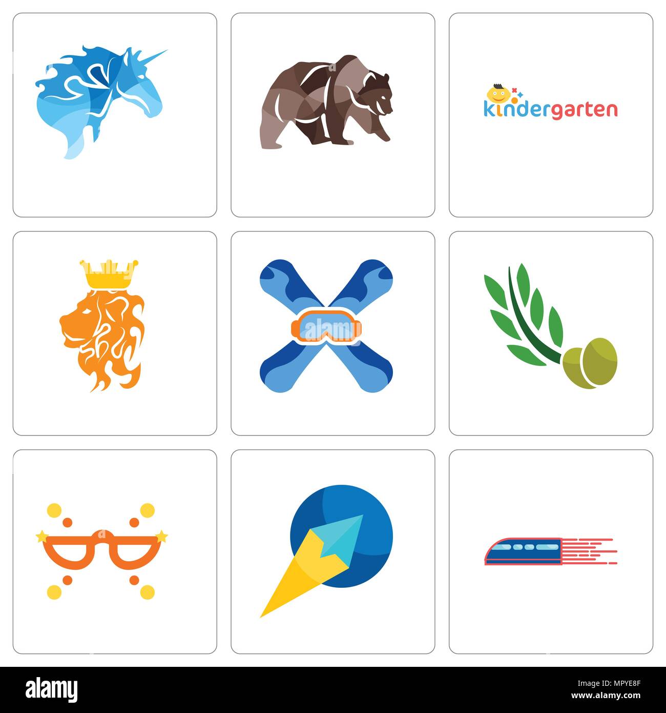 Satz von 9 einfache editierbare Ikonen wie Eisenbahn, Paper Plane, Maskerade, Olivenblätter, Snowboard, Royal Lion, Kindergarten, Grizzly bear,, kann eingesetzt werden Stock Vektor