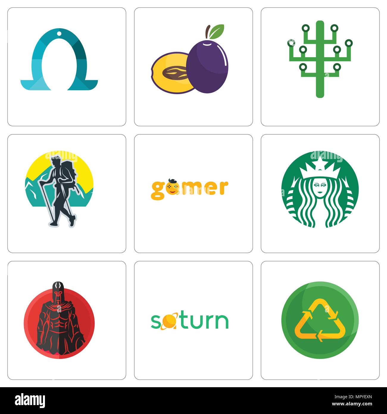 Satz von 9 einfache editierbare Ikonen wie Recycling Wiederverwendung uce, Saturn, Spartan, Starbucks, Gamer, Trekking, digitale Baum, Pflaume, Hufeisen, kann verwendet werden für Stock Vektor