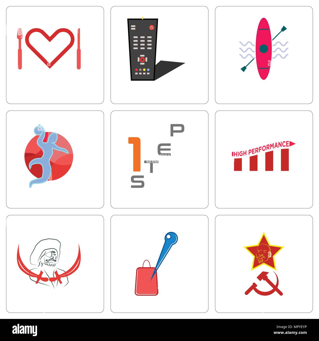 Satz von 9 einfache editierbare Ikonen wie Kommunismus, Händlersuche, Pirat, hohe Leistung, Schritt 1, Handball, Kajak, TV-Fernbedienung, Appetit, kann verwendet werden, um f Stock Vektor