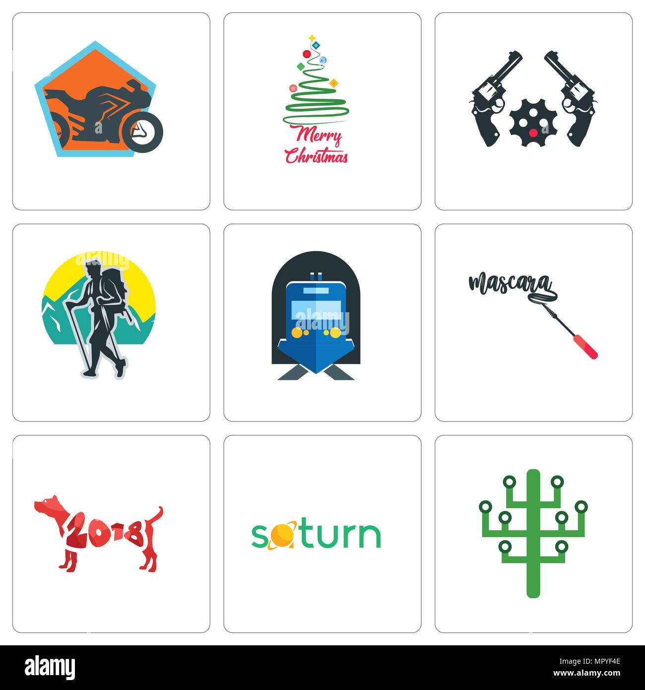 Satz Von 9 Einfache Editierbare Ikonen Wie Digitale Baum Saturn Jahr Des Hundes Mascara Bahnhof Trekking Revolver Frohe Weihnachten Motorrad Stock Vektorgrafik Alamy
