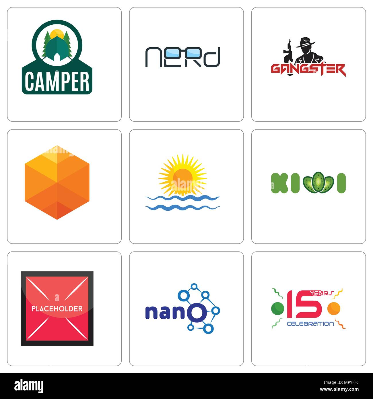 Satz von 9 einfache editierbare Ikonen wie 15 Jahre Feier, nano, Platzhalter, Kiwi, Rising Sun, kubisch, Gangster, Nerd, Wohnmobil, können für mobil verwendet werden. Stock Vektor