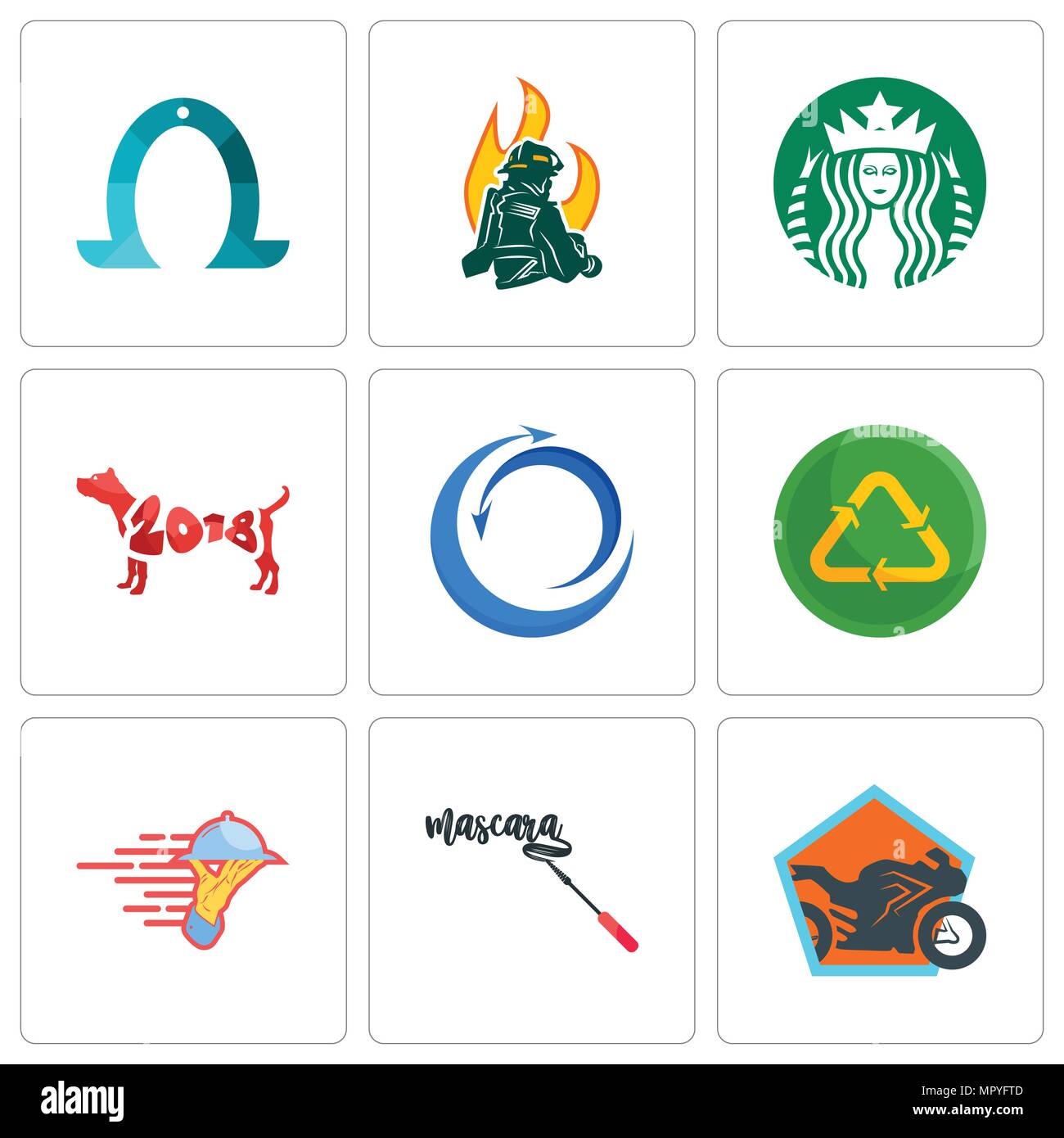 Satz von 9 einfache editierbare Ikonen wie Motorrad shop, Mascara, Catering, Recycling Wiederverwendung uce, import export, Jahr des Hundes, Starbucks, Feuer Stock Vektor