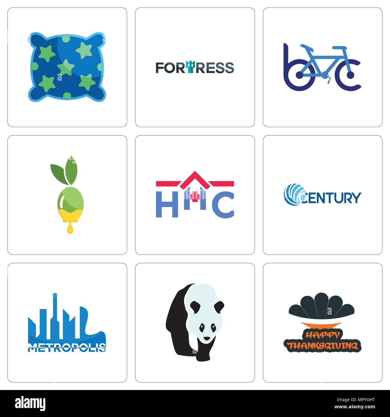 Satz von 9 einfache editierbare Ikonen wie Happy Thanksgiving, Metropolis, Jahrhundert, Home health care, Olivenöl, Bike Club, Festung, Kissen, können verwendet werden. Stock Vektor