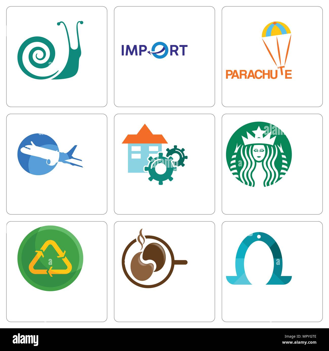 Satz von 9 einfache editierbare Ikonen wie Hufeisen, Kaffee, Recycling Wiederverwendung uce, Starbucks, Facility, Flugzeug, Fallschirm, Import, Schnecken, kann verwendet werden für Stock Vektor