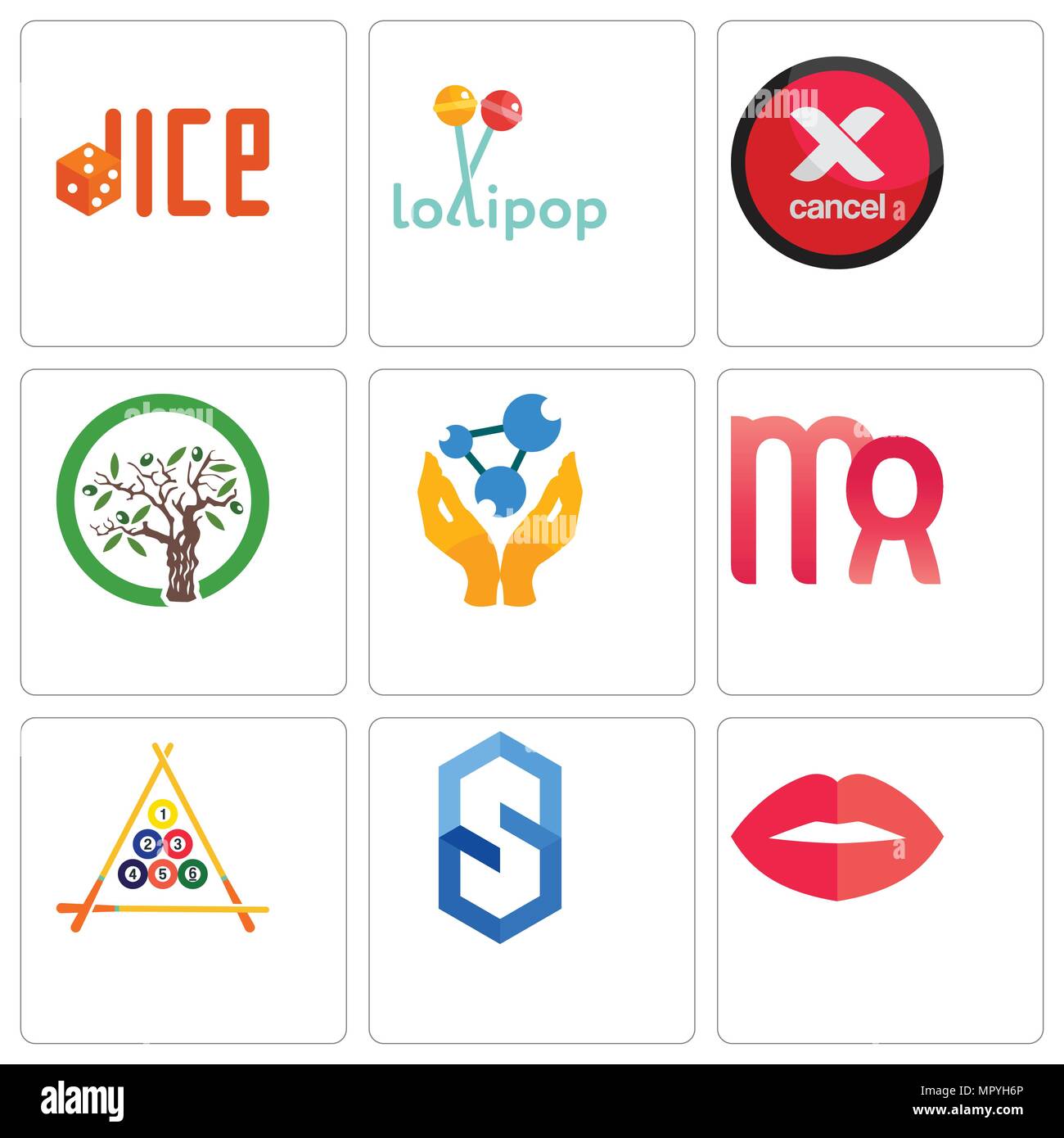 Satz von 9 einfache editierbare Ikonen wie Lippen, s Sechskant, Billard, Jungfrau, Chemiker, Olivenbaum, Abbrechen, Lollipop, Würfel, kann für mobile, Web verwendet werden. Stock Vektor