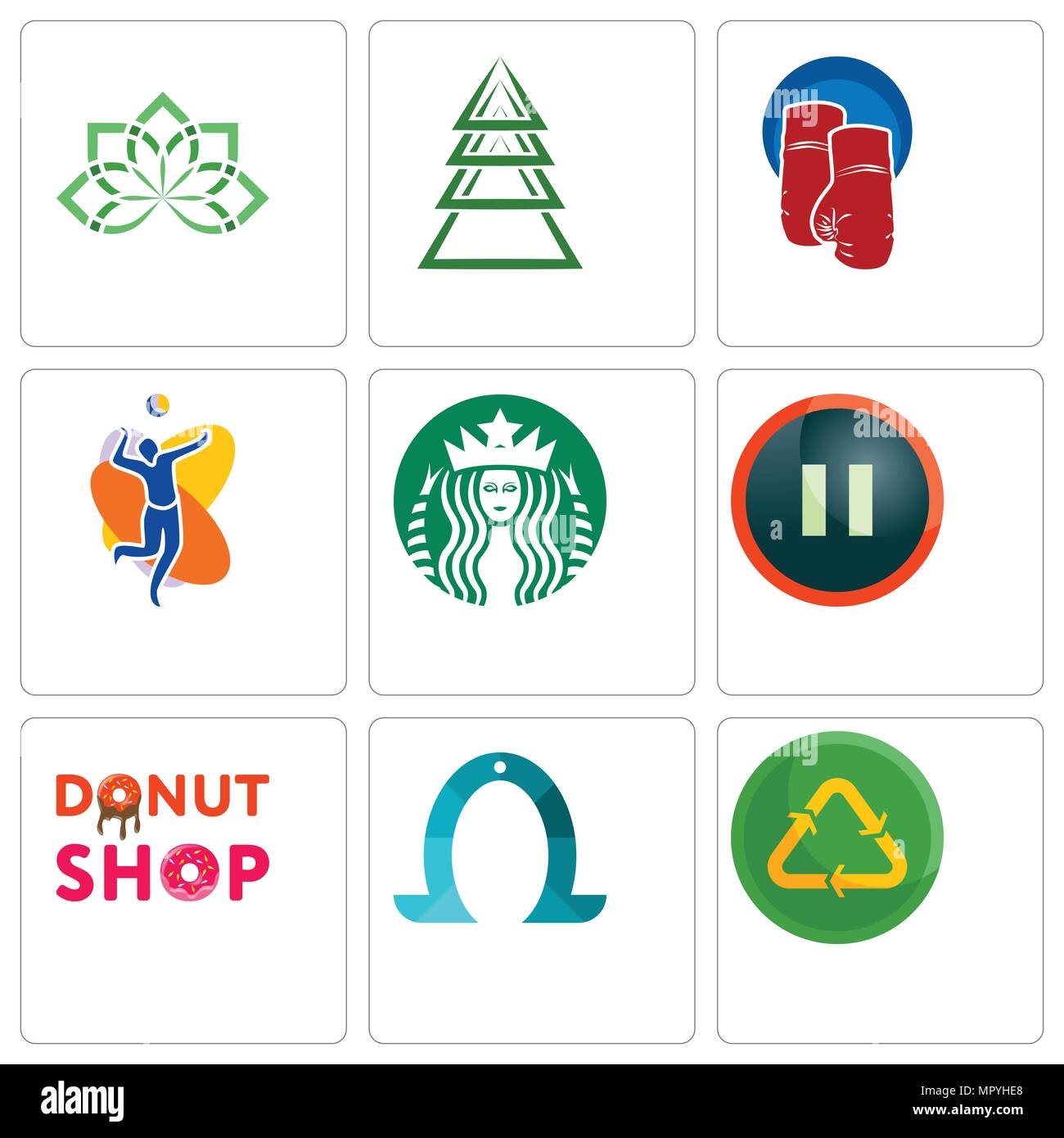 Satz von 9 einfache editierbare Ikonen wie Recycling Wiederverwendung uce, Hufeisen, Donut shop, Pause, Starbucks, Volleyball Team, Boxhandschuhe, je Baum, ganzheitliche Stock Vektor